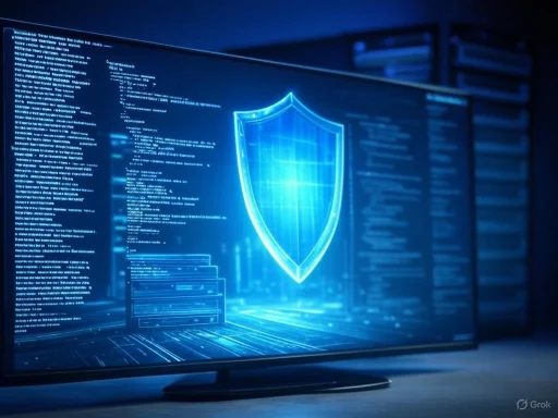 A digital shield icon on a monitor, symbolizing cybersecurity or data protection.