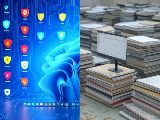 A workspace with a computer monitor among stacks of books and papers, contrasted with a digital security interface on a screen.