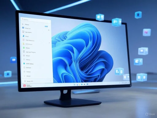 A computer monitor displaying the Windows 11 desktop with floating app icons in a digital-themed background.