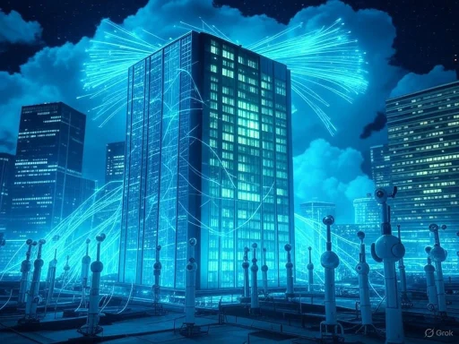 A futuristic cityscape with a tall building surrounded by digital blue lightning and network lines at night.