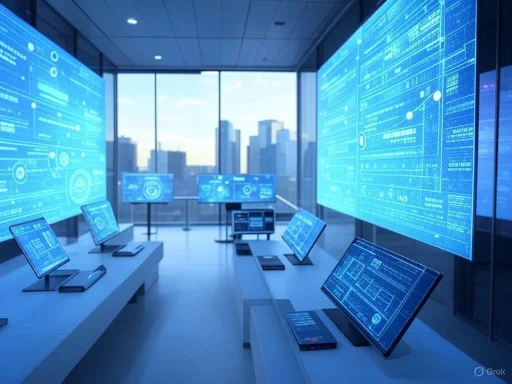 Futuristic control room with multiple screens displaying data and city skyline view through large windows.