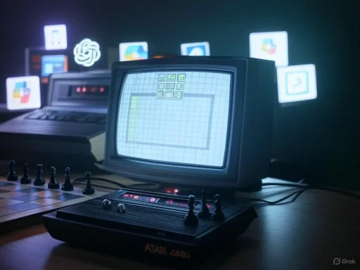 Vintage computers and a chess game setup with retro graphics and icons in the background.
