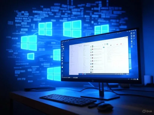 A computer with a large monitor displays an email or messaging app, with a digital Windows logo projection on the wall behind.