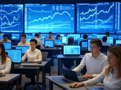 A group of people working on computers in a high-tech trading or financial analysis room with large screens displaying stock charts.