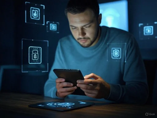A man uses a smartphone with holographic digital lock icons floating around him in a high-tech security setting.