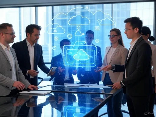Business professionals discussing cloud technology using a futuristic holographic display in a modern office.