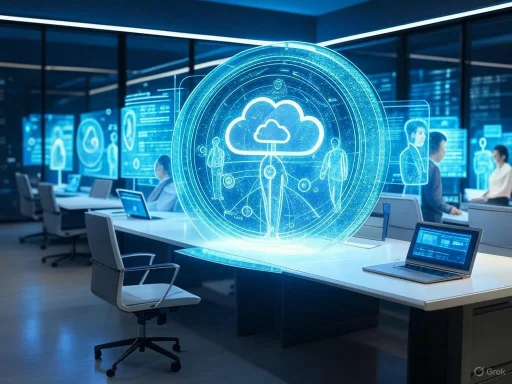 A futuristic office with holographic cloud computing and data visualization displays around professionals working at desks.