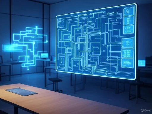 A high-tech control room features a glowing blue digital circuit board display and a futuristic interface diagram.