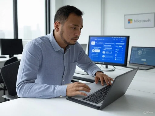 Man working on a laptop in an office with multiple screens, looking focused and concerned. Man working on a laptop in an office with multiple screens, looking focused and concerned.