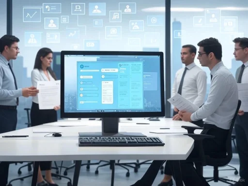 Business professionals in a meeting room discussing digital project plans displayed on a large monitor. Business professionals in a meeting room discussing digital project plans displayed on a large monitor.