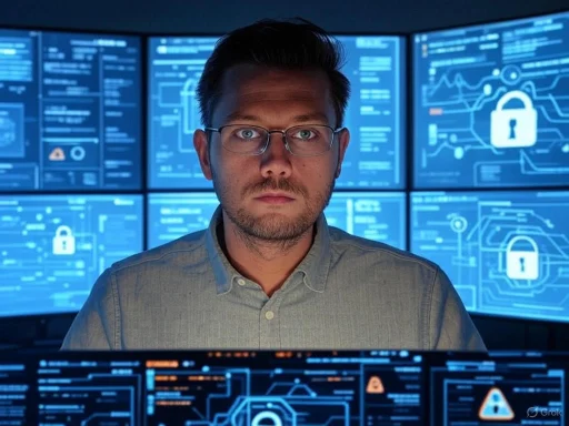 A security expert monitors multiple digital screens showing cybersecurity locks and alert icons.
