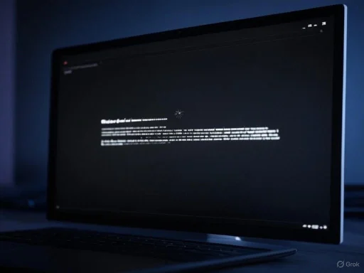 A laptop displays a black screen with white text, indicating a system error or booting process.