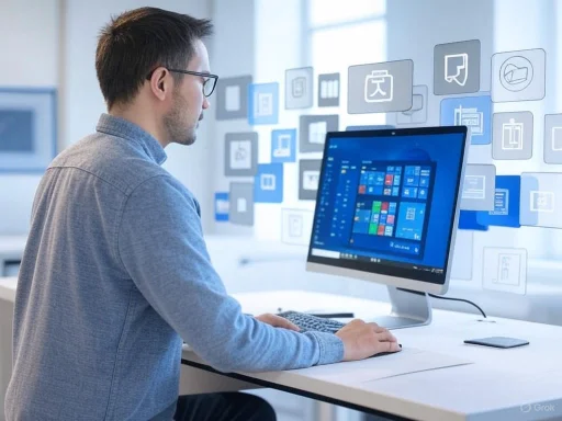 A man works on a computer in a modern office with digital app icons floating around him.
