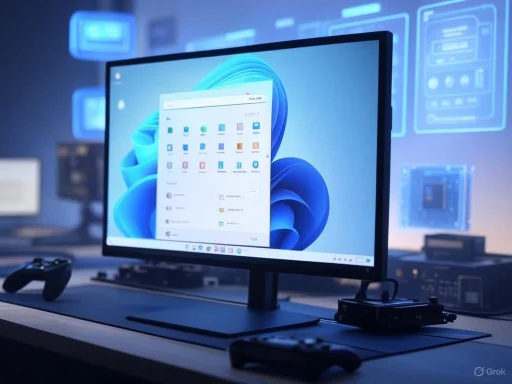 A computer monitor displays the Windows 11 desktop in a futuristic tech lab with gaming controllers nearby.