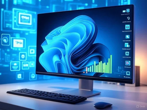 A modern computer setup displaying a colorful abstract digital design on the screen in a high-tech environment.