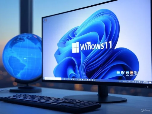 A computer monitor displays the Windows 11 desktop, with a globe and keyboard in the foreground.