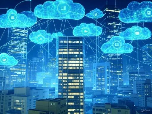 Digital cloud technology overlay on a cityscape representing cloud computing and data connectivity in an urban environment.