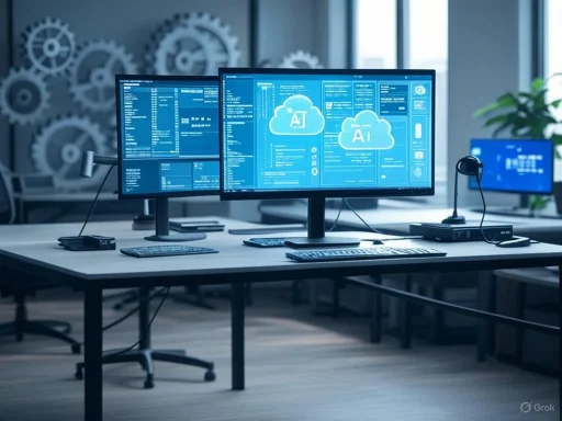 A modern office workspace with multiple monitors displaying AI and cloud computing interfaces.