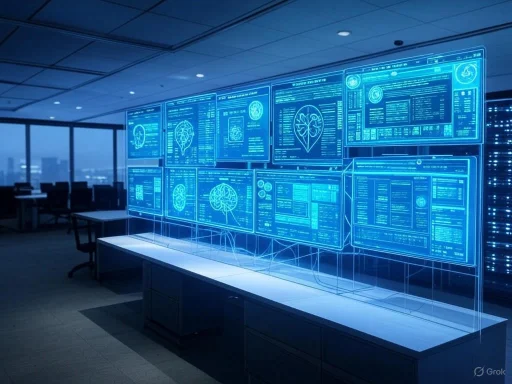 Futuristic holographic monitors displaying medical and scientific data in a high-tech office setting.