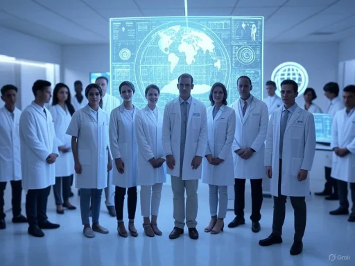 Medical researchers in a high-tech laboratory with holographic displays of the world map and data. Medical researchers in a high-tech laboratory with holographic displays of the world map and data.