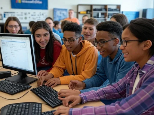Group of students working together on a computer in a classroom setting.