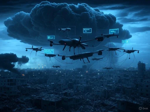Drones display holographic data above a city under dark, stormy clouds in this futuristic scene.