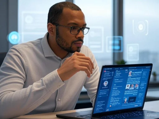 A man with glasses examines a digital profile on his laptop in a modern office setting.