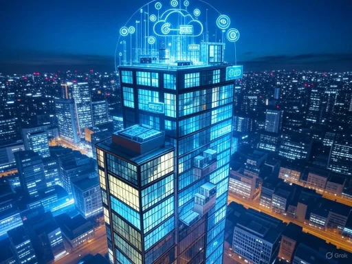 A futuristic city skyscraper with cloud computing and digital network icons glowing at night. A futuristic city skyscraper with cloud computing and digital network icons glowing at night.