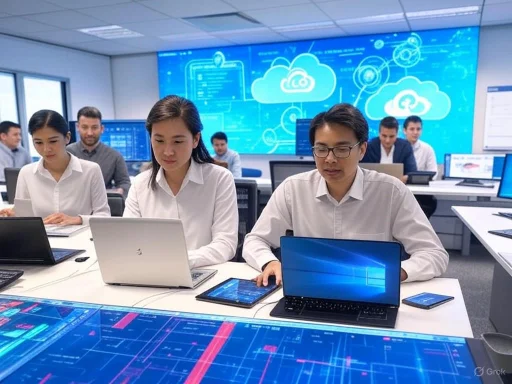 Team of professionals working with laptops and digital screens in a high-tech cloud computing office.