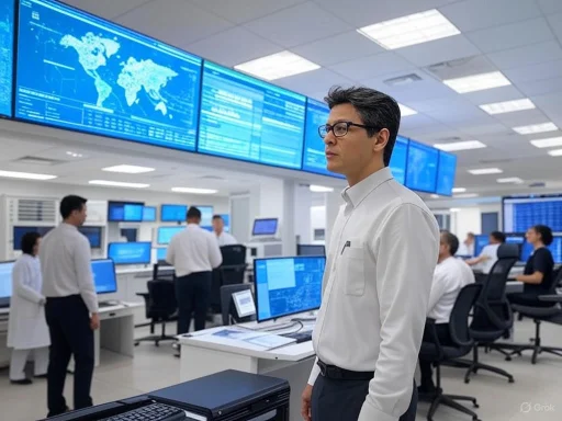 A team of professionals analyzing data on multiple digital screens in a high-tech control room.