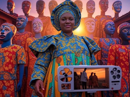 A woman in colorful traditional attire stands among vibrant, mask-like sculptures during sunset, holding a phone capturing the scene.