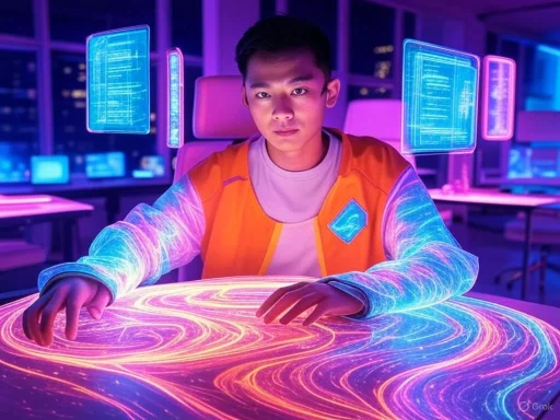 A young man in futuristic technology attire interacts with glowing, holographic digital data displays in a high-tech environment.