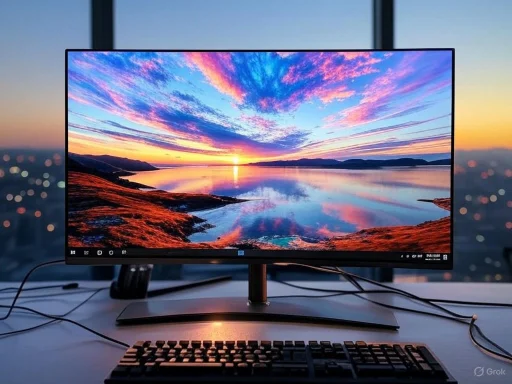 A computer monitor displays a vibrant sunset over a calm lake with colorful sky reflections.