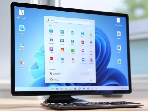 A computer monitor displays the Windows 11 desktop with open file explorer and various icons on a wooden desk.