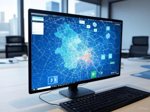 A computer monitor displays a digital map with network lines and data points in a modern office setting. A computer monitor displays a digital map with network lines and data points in a modern office setting.