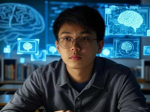 A young man in glasses studies brain science with holographic brain images in the background.