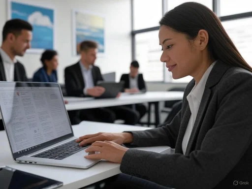 A woman works on a laptop during a professional meeting in a modern office.