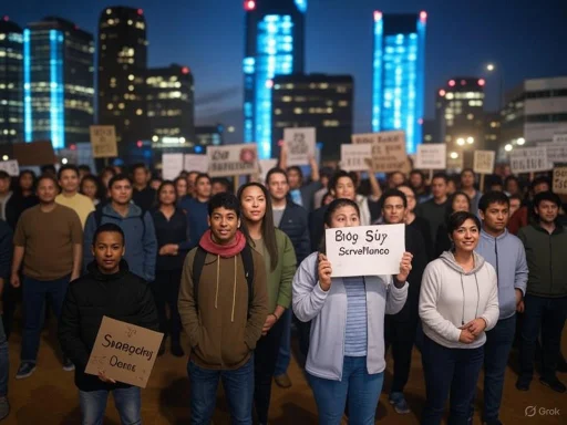 A diverse crowd protests in an urban area at night, holding signs demanding social justice and free speech.