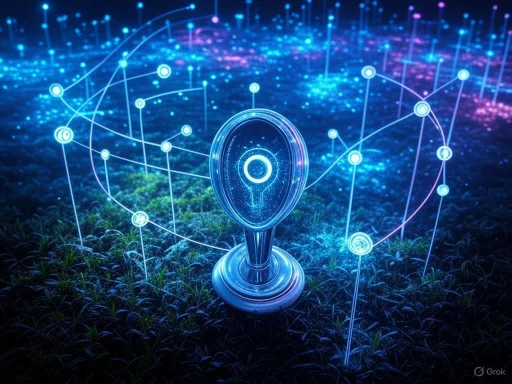 A futuristic digital globe with interconnected data points floating above grassy terrain at night.