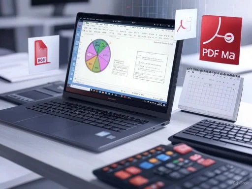 A laptop displaying a spreadsheet with a pie chart, surrounded by office supplies and digital document icons.