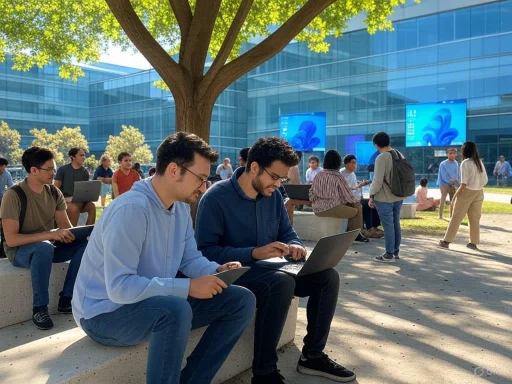 Students using laptops and tablets outdoors near a modern glass building under a large tree.