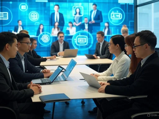 Business professionals attend a virtual conference or meeting in a high-tech boardroom.