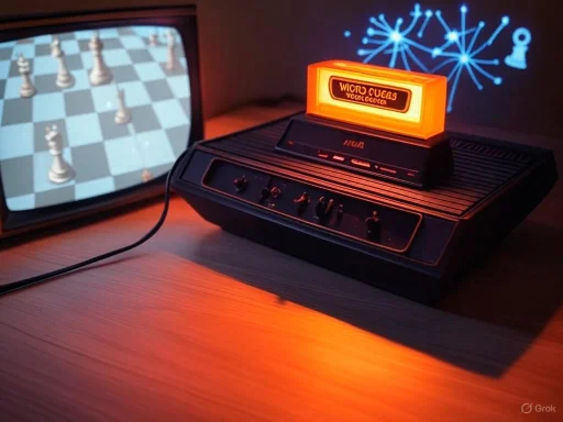A vintage chess computer displays on a wooden table with a monitor showing a chess game and a neon-like digital fireworks background.