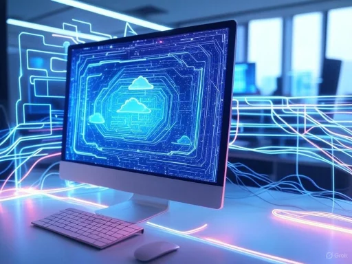 A futuristic computer with a holographic display of cloud technology surrounded by neon circuit lines.