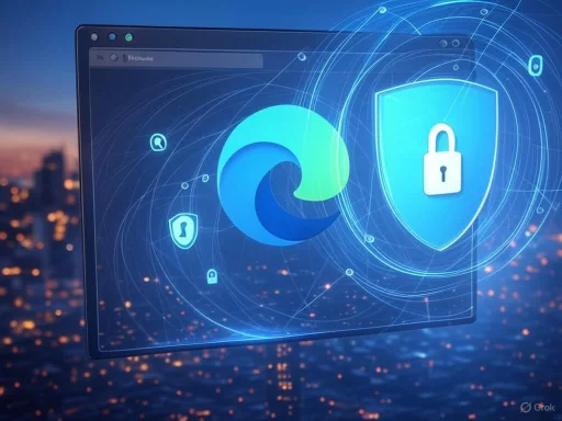 Microsoft Edge browser with security and privacy icons over a cityscape backdrop. Microsoft Edge browser with security and privacy icons over a cityscape backdrop.