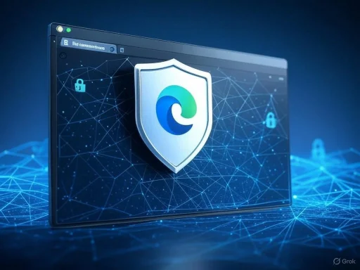 A digital security shield with the Edge browser logo, surrounded by interconnected network nodes and padlock icons.