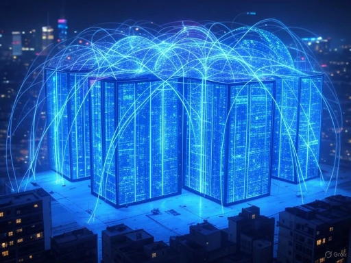 A digital visualization of interconnected servers or data centers with blue glowing data streams.
