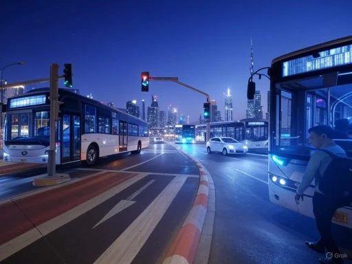 City buses and cars wait at a traffic light in a brightly lit urban skyline at dusk.