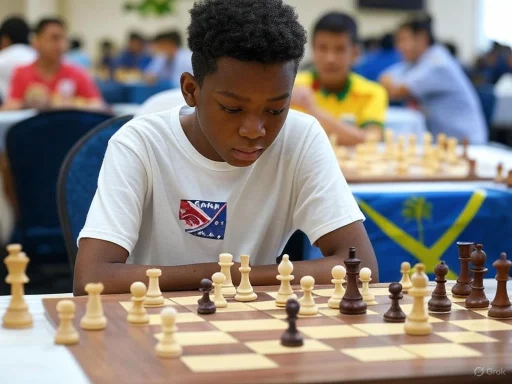 A young boy concentrates on a chess game during a tournament with other players in the background. A young boy concentrates on a chess game during a tournament with other players in the background.
