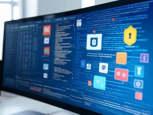 A computer screen displays various cybersecurity icons, code, and data, indicating focus on digital security and protection. A computer screen displays various cybersecurity icons, code, and data, indicating focus on digital security and protection.